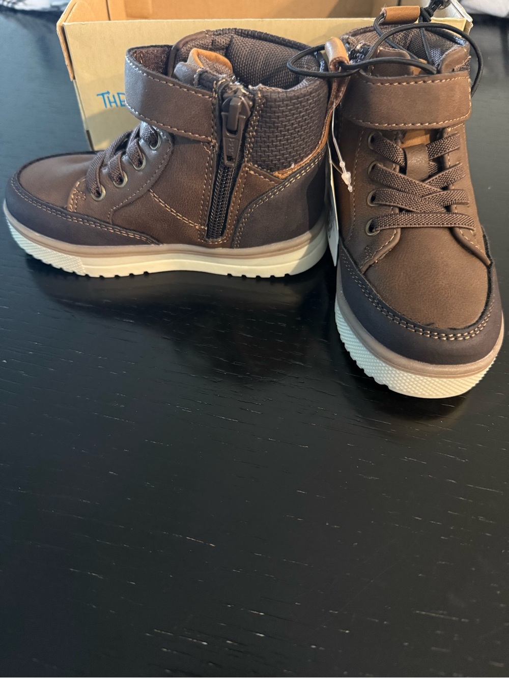 Kids Brown High-Top Boot Sneakers with Side Zipper and Hook-and-Loop Strap